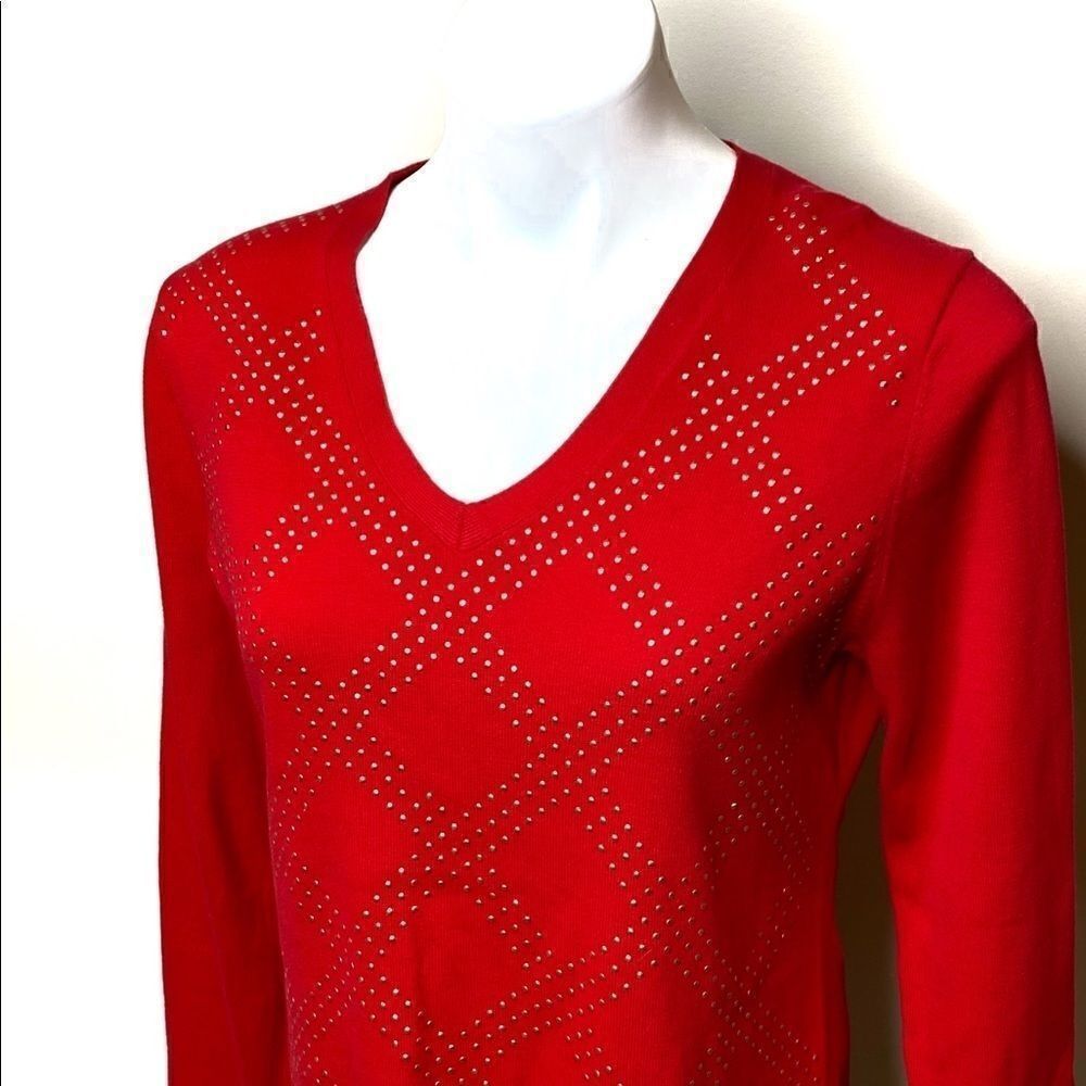 Tommy Hilfiger red and gold studded v-neck sweater size M - Picture 3 of 16